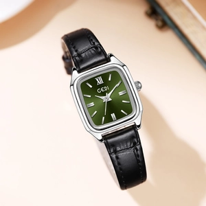 Orologio al quarzo da donna con cassa quadrata argento, quadrante verde e cinturino in pelle nera