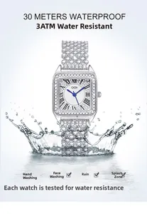 Detail of luxury square quartz watch featuring a 3ATM waterproof crystal encrusted design