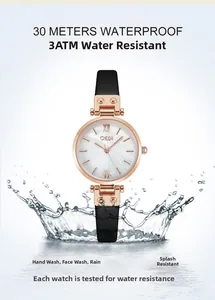 Dettaglio dell'orologio GEDI che mostra resistenza 3ATM con spruzzi d'acqua e ghiera rosa
