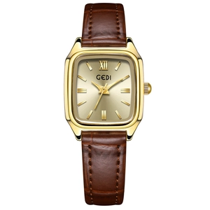 Elegante orologio da donna quadrato con cassa dorata e cinturino in pelle marrone