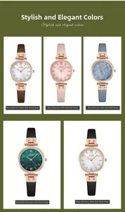 Dettaglio di cinque eleganti orologi da donna al quarzo con cinturini sottili in pelle e casse oro
