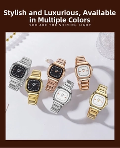 Flat lay of square stainless steel waterproof quartz watches in multiple color variants