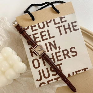 Retro square quartz watch with Roman numerals and brown crocodile pattern leather strap
