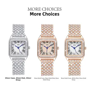 Three GEDI square quartz watches with full diamond-set alloy bands on white background