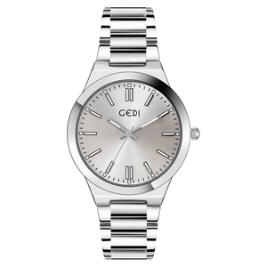 GEDI minimalist women's silver quartz watch with stainless steel strap and sunburst dial