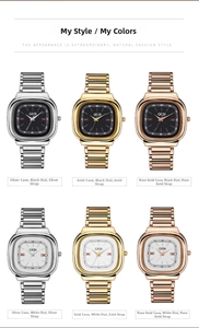 Grid view of women's square quartz watches in silver, gold, and rose gold stainless steel