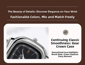 Detail of square silver watch case with textured crown and sleek stainless steel finish