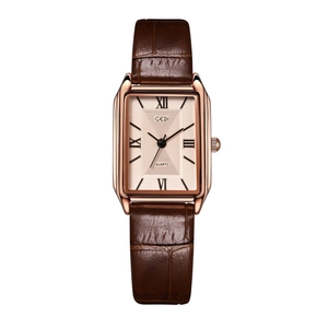 Vintage rectangular rose gold quartz watch with a brown leather crocodile strap