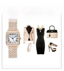 Square rose gold rhinestone watch shown with professional business outfit ideas