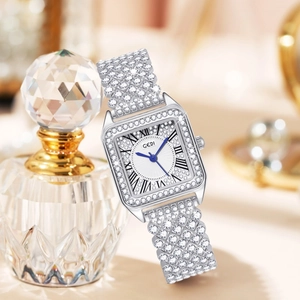 GEDI luxury women's square watch in silver finish with sparkling crystal embellishments