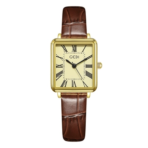 Vintage goldene rechteckige Damenuhr mit römischen Ziffern und braunem Lederarmband