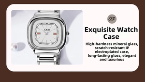 Detail of waterproof square watch case with scratch-resistant mineral glass lens