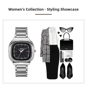 Minimalist square quartz watch with silver strap and professional office outfit styling