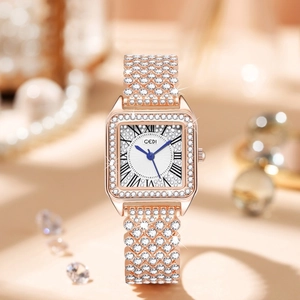 Luxury rose gold square watch for women with sparkling rhinestones and blue hands