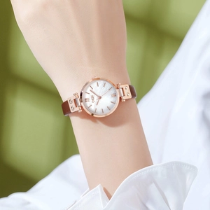 Elegante orologio al quarzo da donna con cinturino marrone e quadrante oro rosa