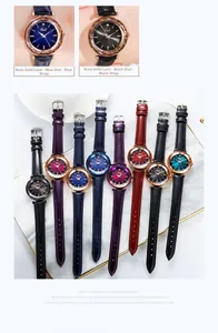 Mise en page détaillée en éventail de montres à quartz en cuir avec verre à facettes
