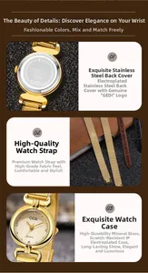 Détails du bracelet en maille dorée et du boîtier en acier inoxydable d'une montre à quartz