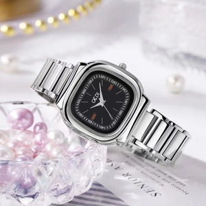 Elegant silver stainless steel square watch with a black dial and GEDI brand logo