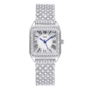 Luxury GEDI square silver watch for women featuring diamond-encrusted band and Roman numerals