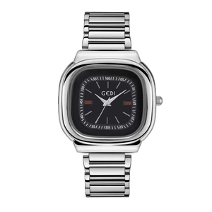 GEDI silver square women's quartz watch with black dial and stainless steel mesh strap