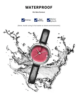 Close-up of minimalist women's watch showing 30m water resistance with water splashes
