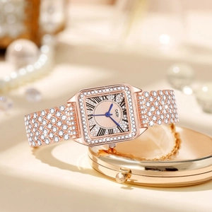 Luxury rose gold square watch with crystal-encrusted case and Roman numeral dial