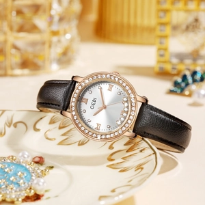 Montre GEDI luxe à quartz avec strass mobiles et bracelet en cuir noir pour femmes