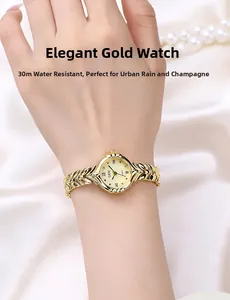 Close-up of golden wheat-pattern watch strap and dial with 30m water resistance
