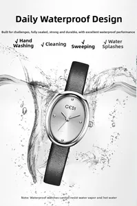 Detail showing the oval silver-tone quartz watch with daily water-resistant features