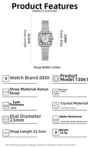 Detailed specs of the vintage square silver quartz watch with Roman numerals and steel band