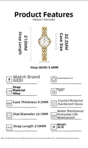 Detailed specifications table showing quartz watch dimensions and alloy material features