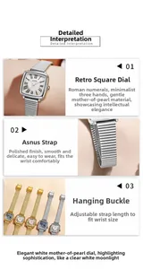 Detail view of the square mother of pearl watch face and adjustable metal mesh strap