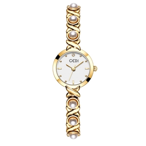 Elegant GEDI gold bracelet watch with white dial and pearl-embedded metal links