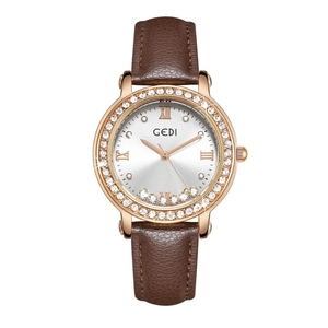 Montre GEDI luxe pour femme avec lunette en cristal or rose et bracelet en cuir brun