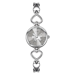 Damen Quarz-Armbanduhr in Silber mit Herz-Gliederarmband und Schaukelpferd-Motiv