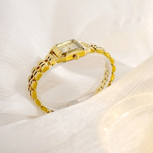 Elegant gold square quartz watch for women with Roman numerals and metal link strap