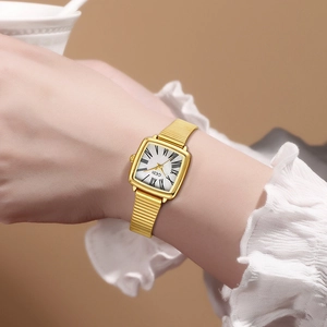 GEDI luxury women's quartz watch with gold square Roman dial and metal mesh strap
