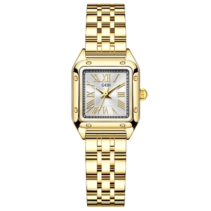 Elegant gold square watch for women with silver Roman numeral dial and link strap