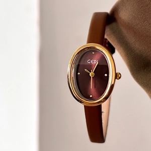 Women Quartz Watch Oval Alloy Case Leather Strap Retro Vintage Slim Waterproof Elegant Wristwatch For Lady