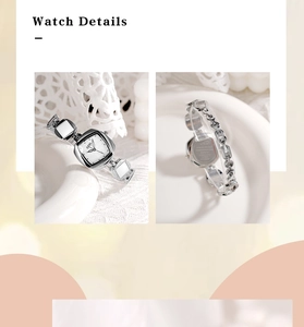 Detail view of silver hollow chain strap and back cover of elegant quartz watch