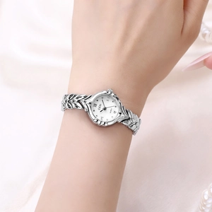 Elegant silver wheat sheaf bracelet watch with white roman dial for women