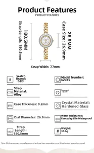 Detailed specs of the small quartz watch featuring a gold alloy bracelet and 26.9mm case