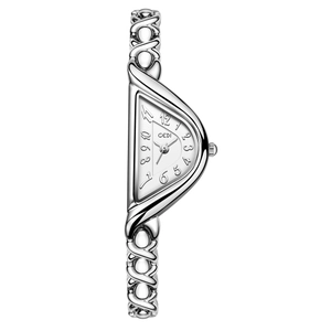 Silver luxury women's watch with half-moon dial and elegant hollow link chain strap