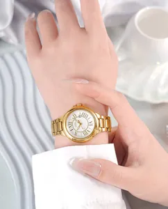 Elegant gold steel watch for women with roman numerals and 30m water resistance feature