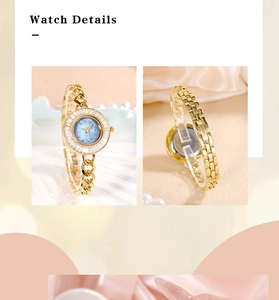 Detailed macro view of GEDI gold luxury watch with blue mother-of-pearl dial and cuban chain
