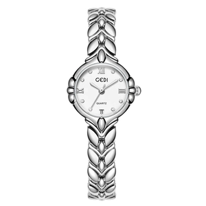 Silver-tone ladies quartz watch featuring a wheat leaf chain strap and white date dial