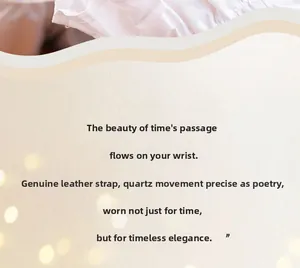 Detail view showing genuine leather strap and quartz movement specs for women's watch