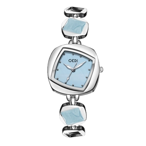 Montre GEDI argentée à quartz avec bracelet à losanges et cadran en nacre bleu clair