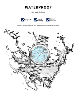 Waterproof quartz watch with light blue Roman dial and silver band splashing in water
