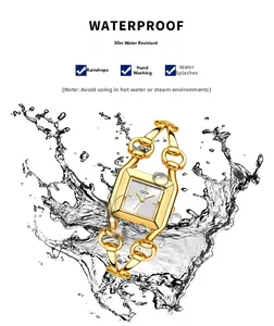 Golden square watch showing 30m waterproof performance with dynamic water splashes